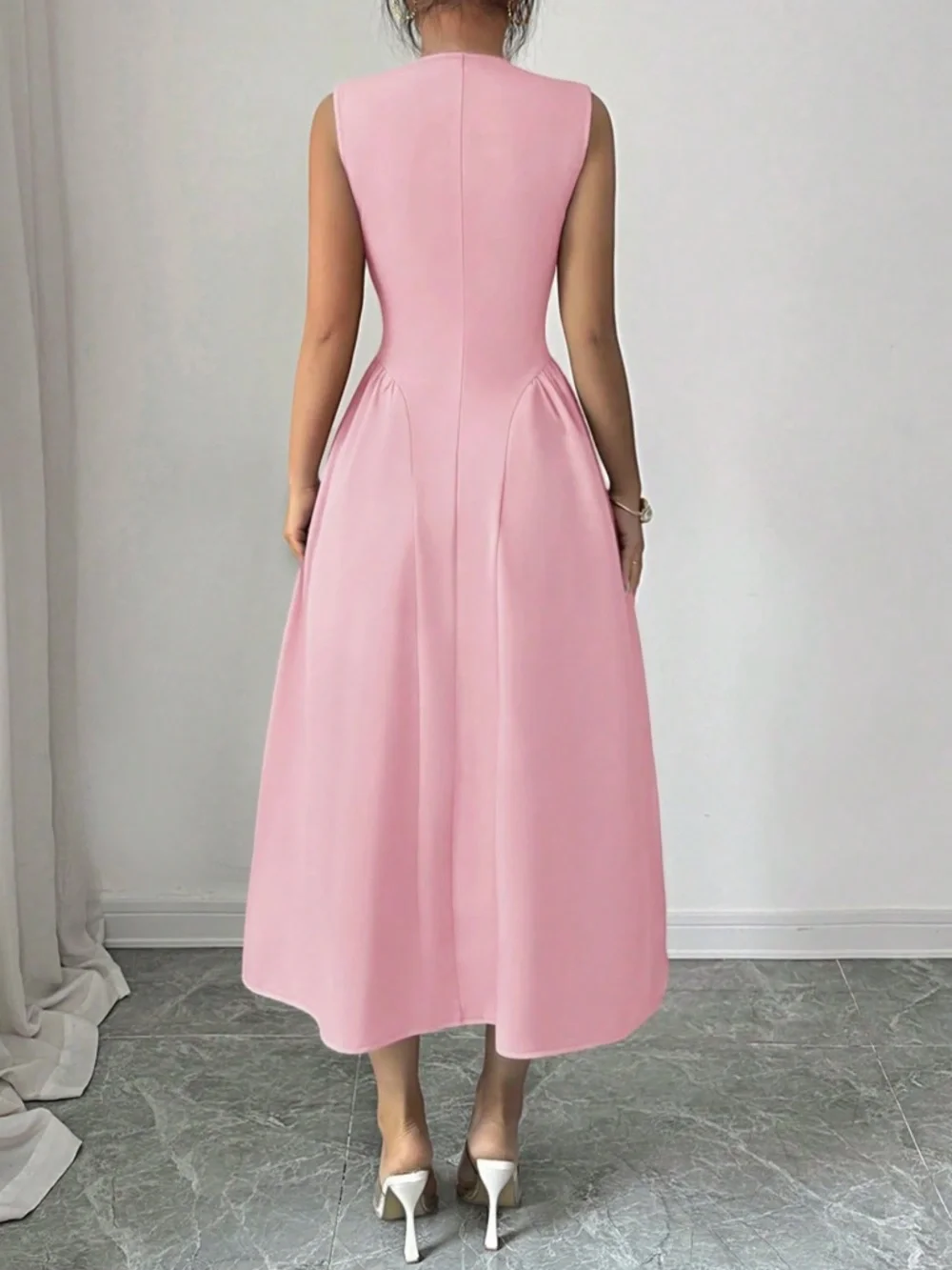 Luxe Solid Button Detail Wide Collar Flared High Waisted Dress